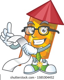 Cute yellow stripes fireworks rocket cartoon character with menu ready to serve