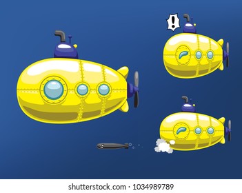 Cute Yellow Submarine Release Torpedo Cartoon Vector Illustration