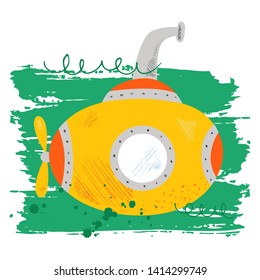Cute yellow submarine in sea waves. Sea travel transport. Cartoon flat. Kids nautical hand drawn vector illustration.Childish background. Isolated white background. Pencil hatching.