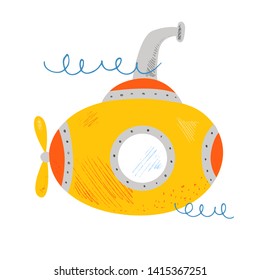 Cute yellow submarine in sea waves. Sea travel transport. Cartoon flat. Kids nautical hand drawn vector illustration.Childish background. Isolated white background. Pencil hatching.