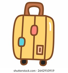 A cute yellow suitcase doodle icon with colorful tags. Great for travel apps, summer content, packing visuals, travel infographics, and vacation illustrations in fun flat style.