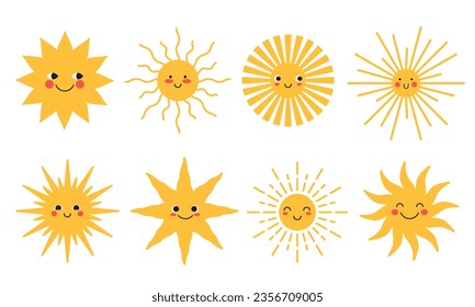 Cute yellow sun collection. Set of summer happy emoticons. Funny sunny icon