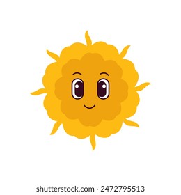 
Cute yellow sun with face and curve rays  flat vector illustration.  Sun with sunbeams  character isolated on white background. 