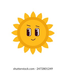 Cute yellow sun with face  flat vector illustration. Sun with sunbeams  character isolated on white background. 