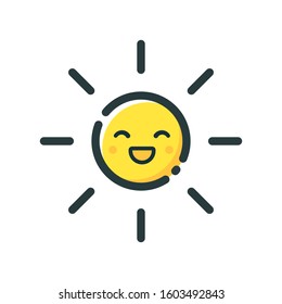 Cute yellow sun smiles on a white background. Icon on a white background. Design for weather forecast app. Vector illustration in flat style.