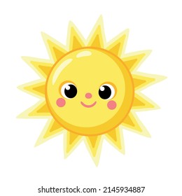 Cute yellow sun smiles on a white background. Vector illustration with sun in cartoon style.