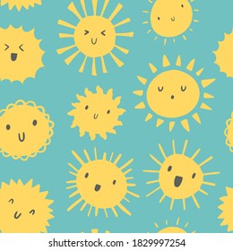 Cute yellow suns seamless pattern. Childish background with smiling sun 