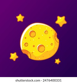 Cute yellow super moon, adorned with craters, set against a backdrop of a deep purple night sky sprinkled with twinkling stars.