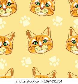 Cute yellow tabby cat face seamless pattern on light yellow background with cat paw icons.