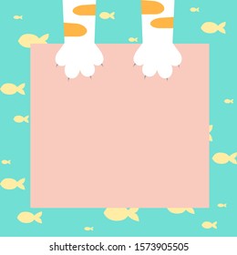 Cute yellow tabby cat hold pink paper and yellow fish on blue background