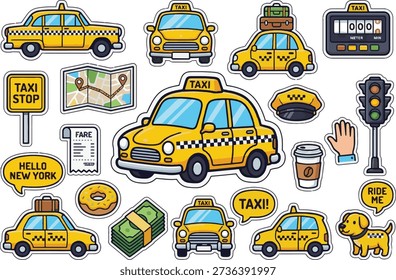 Cute Yellow Taxi Cab Vector Sticker. Chubby cartoon city transportation car isolated
