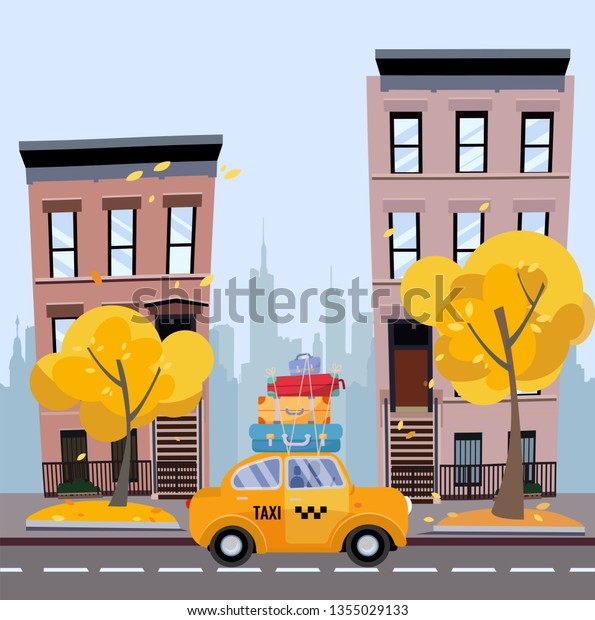 Cute yellow taxi with suitcases on the roof
rides on a cozy city street with apartment buildings with the
silhouette of skyscrapers in the distance. Autumn cityscape. Vector
flat cartoon illustration