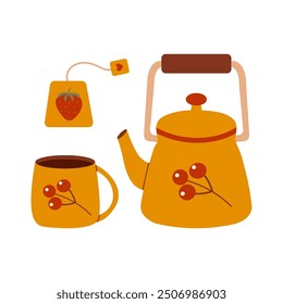Cute Yellow Tea Set with Berry Design, Teapot Tea Cup and Tea Bag. Hand Drawn Isolated Flat Vector for Autumn and Fall