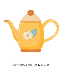 Cute yellow teapot with flower and leaf. Vector illustration isolated on white background.