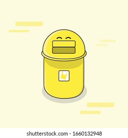 Cute Yellow Trash Can, opened mouth with plastic icon for inorganic waste. vector illustration