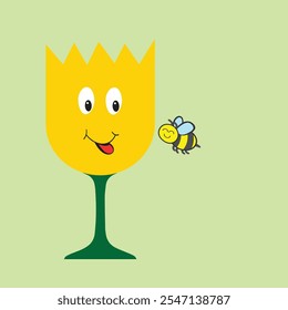 Cute yellow tulip glass with a bee around it, spring concept
