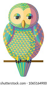 Cute yellow and turquoise owl sitting on a branch. Isolated character bird owl on white background, vector. Originally designed character, complex design of vector yellow and turquoise teal cyan owl