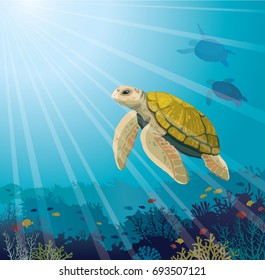 Cute yellow turtle and coral reef with fishes on a blue sea. Underwater marine life. Vector illustration.