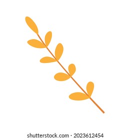 Cute yellow twig with small leaves. Flat icon of autumn item, object, clipart. Decorative element for design of packaging, posters, banners, postcards. Beautiful leaf. Thanksgiving day, Halloween.