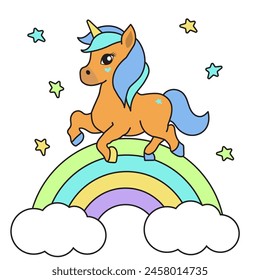 Cute yellow unicorn on a rainbow.  Greeting card, textile, print on children's t-shirt. Vector illustration