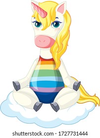 Cute yellow unicorn in sitting on cloud position on white background illustration