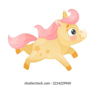 Cute Yellow Unicorn with Twisted Horn and Pink Mane Jumping Vector Illustration