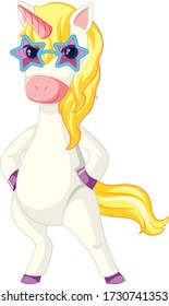Cute yellow unicorn wearing glasses in standing position on white background illustration
