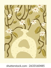 Cute yellow vase with dots and white daisy flowers. Vector illustraion with hand drawn flowers and leaves.