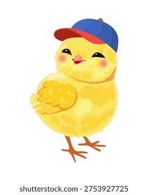 Cute yellow vector chicken in a blue cap isolated on white background