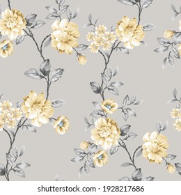 cute yellow vector flowers with grey leaves pattern on grey background