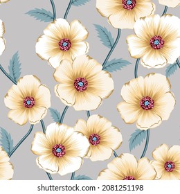 cute yellow vector flowers with leaf pattern on grey background