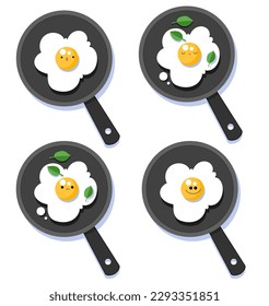 Cute yellow vitamin protein egg yolk funny creature character set cartoon flat illustration collection with micro greens smiling emotions face.