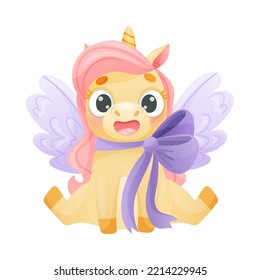 Cute Yellow Winged Unicorn with Twisted Horn and Pink Mane Sitting with Ribbon Bow Vector Illustration