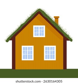 Cute yellow wooden Scandinavian house with a grass turf roof. Norwegian hytter. Eco home, vector isolated illustration
