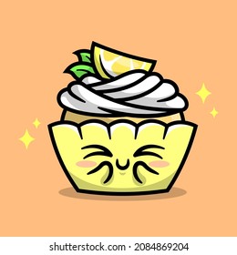 A CUTE YELOW CUPCAKE WITH A PIECE OF LEMON AND CREAM TOPPING CARTOON CHARACTER.