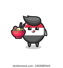 cute yemen flag badge character eating noodles , cute style design for t shirt, sticker, logo element