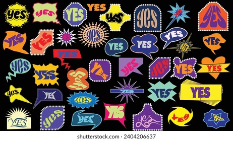 Cute Yes word cartoon vector patches collection. Stickers, badges, prints with quotes, doodles and lettering. yes,. Flat style inspirational illustration. Funny speach bubbles,90s retro style.