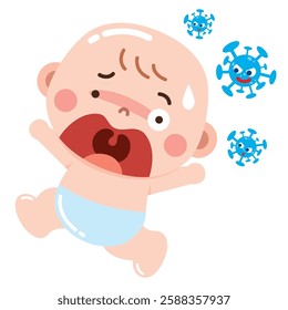 A cute yet alarming illustration of a baby crying in fear as cartoon viruses float nearby. The baby looks distressed, with tears streaming down the face and arms raised in panic