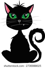 A cute yet spooky vector illustration of a black cat with bright green eyes and a visible fang, commonly associated with Halloween themes. The cartoon-style cat is sitting with a curled tail and a slightly grumpy expression, making it ideal for holiday decorations, clip art, posters, and seasonal graphic designs.