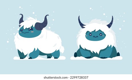Cute yeti animal with tiny body, monster character design set, lovely ice beast with furry body sitting in blizzard, different shapes, flat character vector illustration