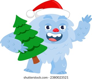 Cute Yeti Bigfoot Cartoon Character In Santa's Hat With Christmas Tree Waving. Vector Illustration Flat Design Isolated On Transparent Background