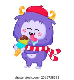 Cute Yeti or Bigfoot character eating ice cream in cartoon style, winter holidays themed mascot for kids, fantasy creature   