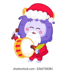 Cute Yeti or Bigfoot character in santa claus costume playing drum in cartoon style, winter holidays themed mascot for kids, fantasy creature   