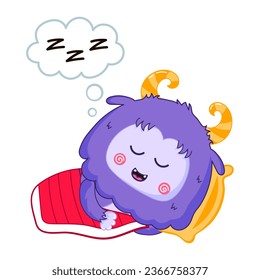 Cute Yeti or Bigfoot character sleeping in bed in cartoon style, winter holidays themed mascot for kids, fantasy creature   