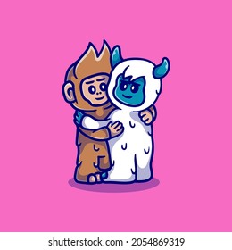 cute yeti and bigfoot hugging, suitable for t-shirt designs or cute character mascots