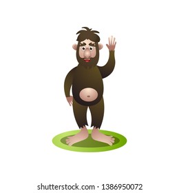 Cute yeti, bigfoot say hello with hand up
