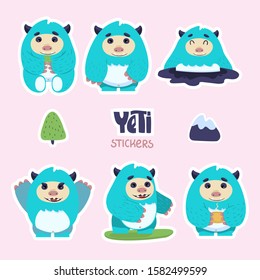 Cute yeti or bigfoot stickers. Flat illustration. Trendy vector illustration. Eps 10.