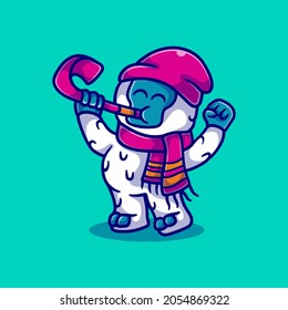 cute yeti blowing trumpet happy new year, suitable for t-shirt designs or cute character mascots