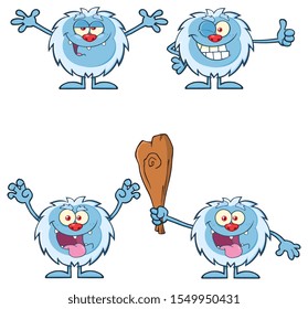 Cute Yeti Cartoon Mascot Character Set 4. Vector Collection Isolated On White Background