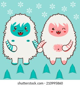 Cute yeti chibi couple in flat style. Winter holiday. Single tile of a texture, pattern or background